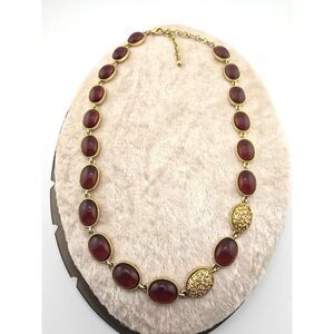 Lucite Cabochon Necklace Gold Tone Rhinestone Accents 16” Brown Asymmetric